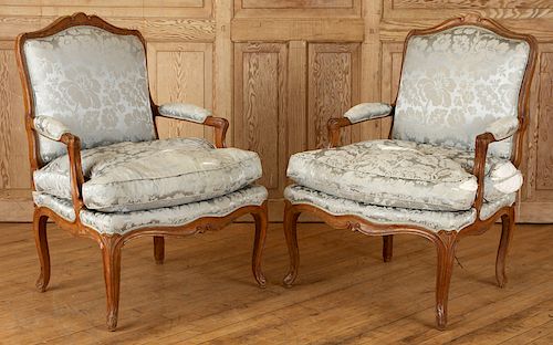 PAIR 19TH C. CARVED WALNUT FAUTEUILS LOUIS XV