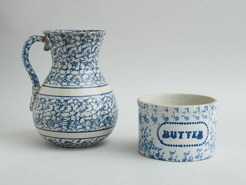 BLUE SPONGEWARE POTTERY BUTTER" TUB AND A LARGE SPONGEWARE PEAR-FORM PITCHER"