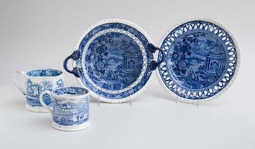 RIDGWAY'S ASIATIC PALACES BLUE TRANSFER-PRINTED TWO-HANDLED RETICULATED FRUIT BOWL AND STAND AND TWO CYLINDRICAL MUGS