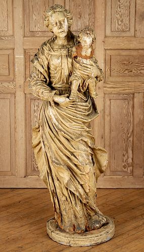 19TH C. PAINTED CARVED WOOD STATUE MOTHER & CHILD