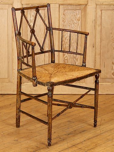 19TH C. FAUX BAMBOO OPEN ARM CHAIR RUSH SEAT