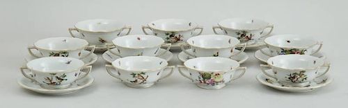 SET OF ELEVEN HEREND PORCELAIN TWO-HANDLED BOULLION CUPS AND NINE SAUCERS, IN THE ROTHSCHILD BIRD PATTERN