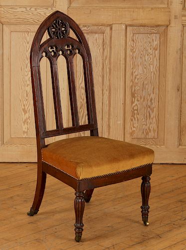 GOTHIC 19TH CENT. MAHOGANY CHAIR CATHEDRAL BACK