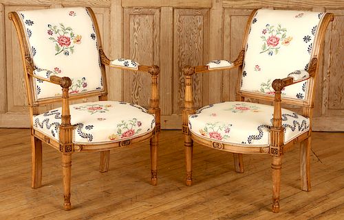 PAIR LOUIS XVI STYLE UPHOLSTERED ARM CHAIRS