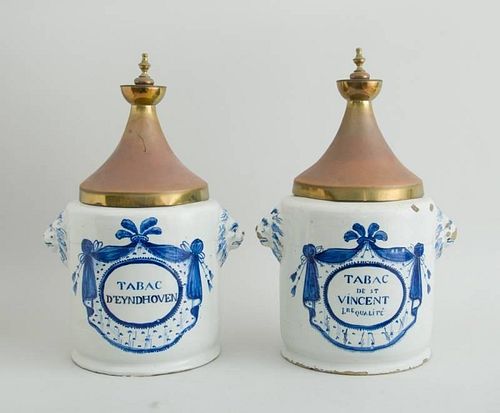 PAIR OF DUTCH DELFT BLUE AND WHITE TOBACCO JARS