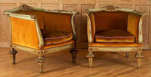 PAIR ITALIAN BAROQUE PAINTED GILT BERGERE CHAIRS