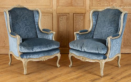 PAIR FRENCH PAINTED LOUIS XV STYLE BERGERE CHAIRS
