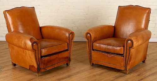 PAIR FRENCH LEATHER CLUB CHAIRS CIRCA 1930