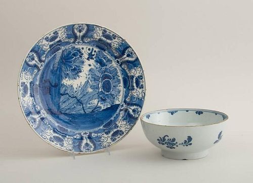 DUTCH DELFT BLUE AND WHITE CHARGER AND A DELFT FOOTED BOWL