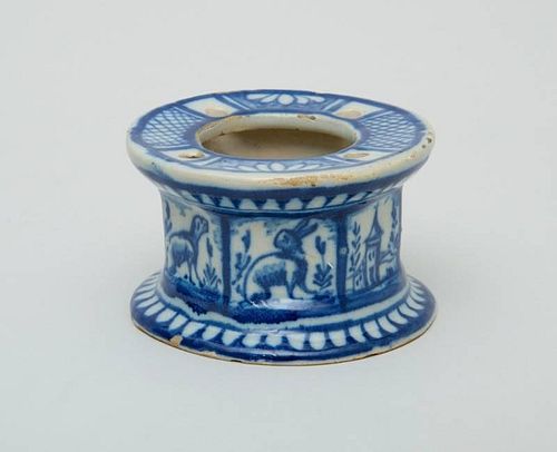 CONTINENTAL BLUE-GLAZED POTTERY CIRCULAR INKWELL