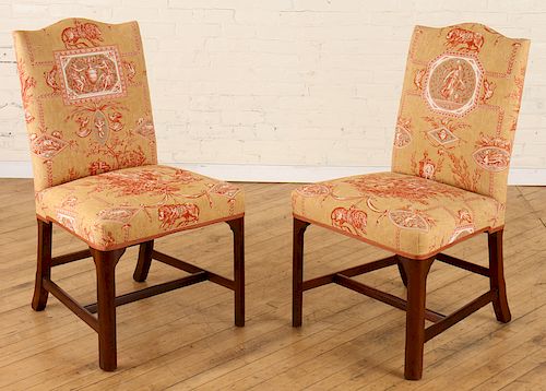 PAIR MAHOGANY SIDE CHAIRS CLASSICAL UPHOLSTERY