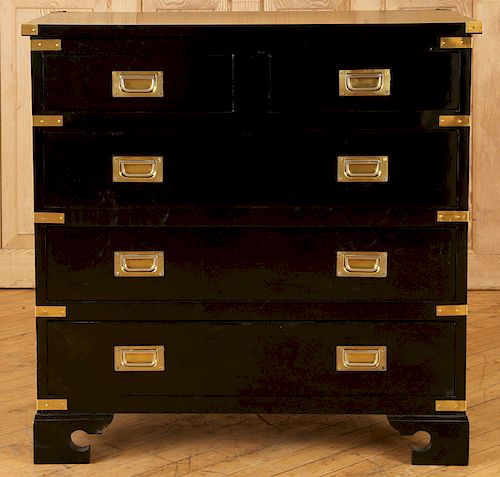 BLACK LACQUERED BRASS BOUND CAMPAIGN CHEST 1950
