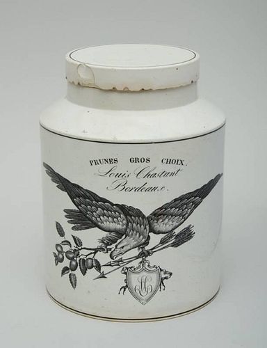 FRENCH TRANSFER-PRINTED FAIENCE CANISTER AND COVER