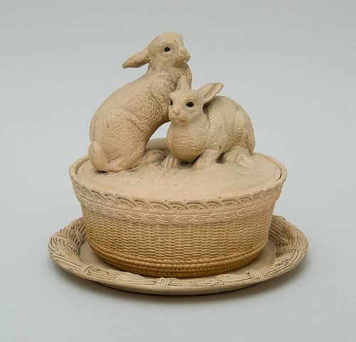 CONTINENTAL POTTERY RABBIT TUREEN, COVER AND ASSOCIATED STAND