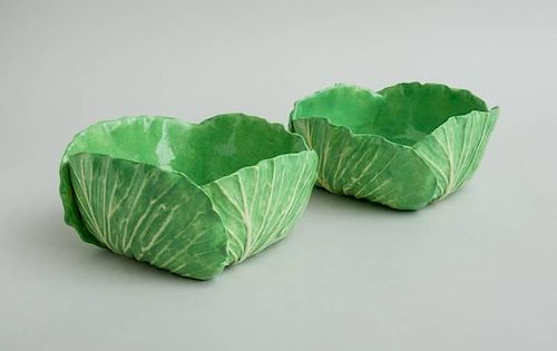 TWO DODIE THAYER GREEN-GLAZED POTTERY CABBAGE LEAF BOWLS
