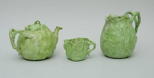 LETTUCE LEAF POTTERY TEAPOT AND CREAMER AND MATCHING PITCHER