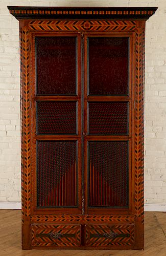 TRAMP ART CABINET WITH RED GLASS WINDOWS