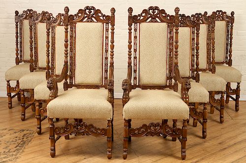 SET 8 DINING CHAIRS GRIFFIN CARVED ARM RESTS 1890