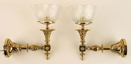 PAIR VICTORIAN STYLE BRASS ONE LIGHT WALL SCONCES
