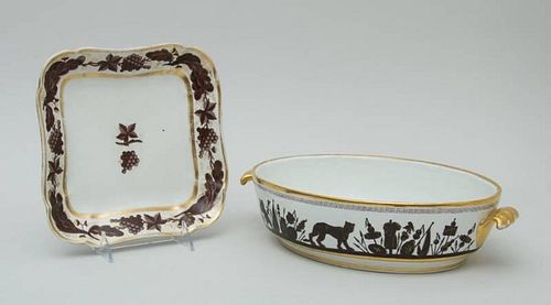 PARIS PORCELAIN TWO-HANDLED OVAL DISH AND A CHINESE EXPORT PORCELAIN SQUARE PLATE