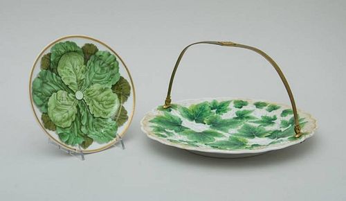 MEISSEN PORCELAIN CAKE PLATE WITH GILT-METAL SWING HANDLE AND A MEISSEN LETTUCE LEAF PLATE
