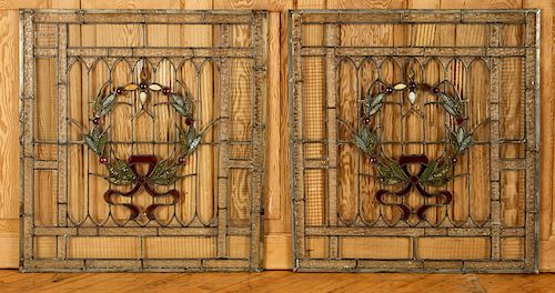 PAIR LEADED STAINED GLASS WINDOWS C.1900