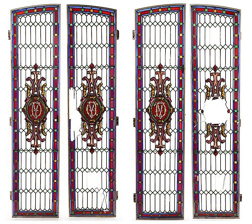 4 CONTINENTAL STAINED GLASS PANELS IRON FRAMES