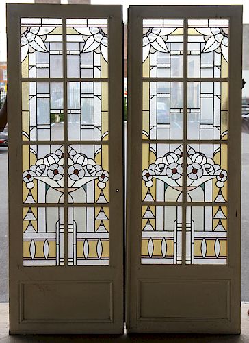 PAIR FRENCH ART DECO STAINED GLASS DOORS