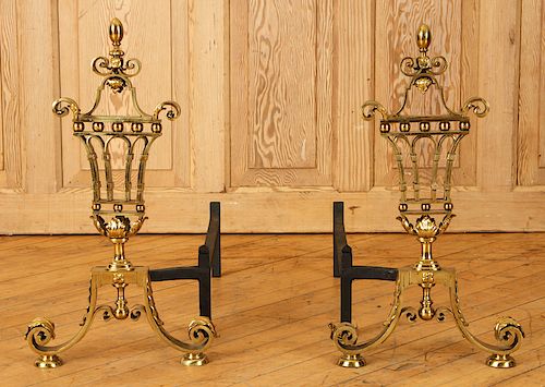 PAIR BRASS ANDIRONS IN CONTINENTAL STYLE