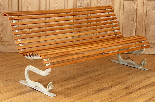 LATE 19TH C. CAST IRON WOOD GARDEN BENCH SNAKES