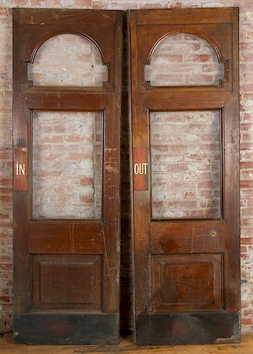 PAIR MONUMENTAL OAK DOORS WITH GLASS PANELS