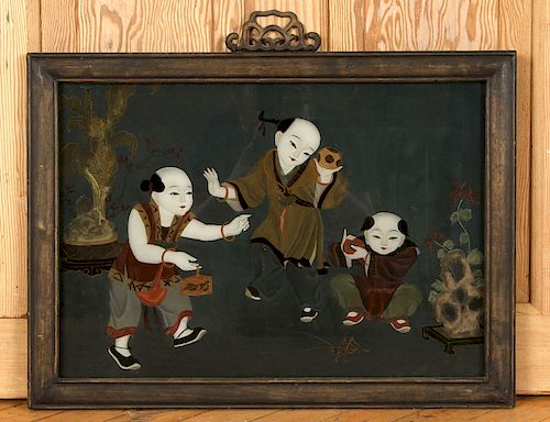 CHINESE REVERSE PAINTED GLASS CHILDREN PLAYING