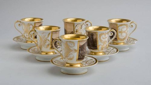 SET OF FIVE GERMAN TRANSFER-PRINTED TOPOGRAPHICAL CUPS AND SAUCERS AND A MATCHING PICTORIAL SET