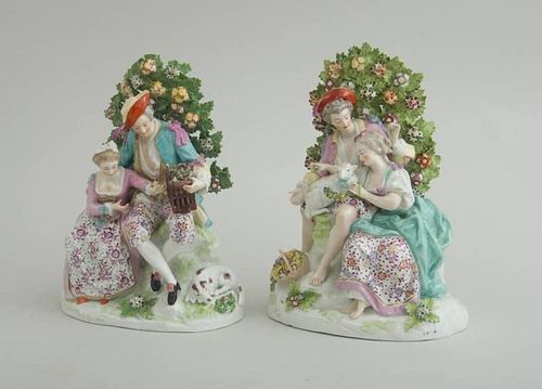 PAIR OF CONTINENTAL PORCELAIN BOCCAGE GROUPS, IN THE CHELSEA STYLE