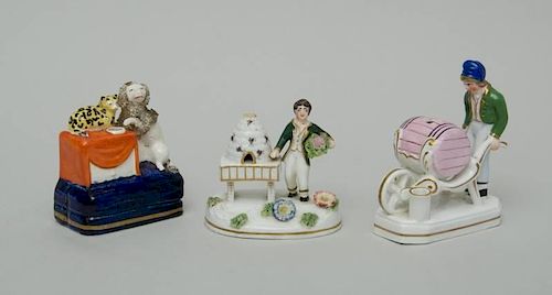 TWO ENGLISH PORCELLANEOUS FIGURES AND A STAFFORDSHIRE INKWELL GROUP