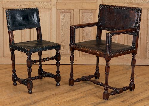 SET 2 FRENCH RENAISSANCE STYLE LEATHER CHAIRS