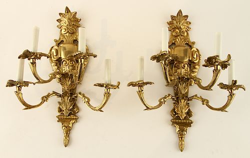 PAIR BRASS LOUIS XV STYLE FOUR LIGHT WALL SCONCES