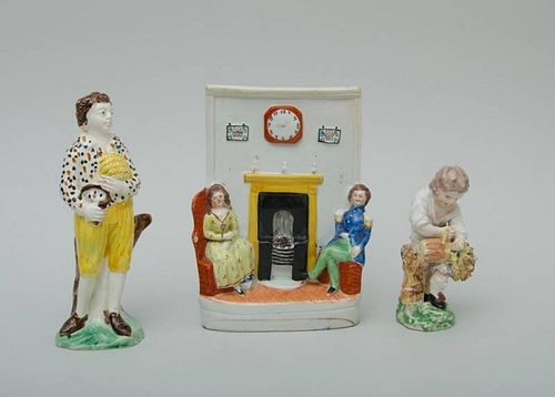 STAFFORDSHIRE PEARLWARE WOODS TYPE FIGURE OF A REAPER, A CHELSEA TYPE FIGURE OF A CHILD AND A STAFFORDSHIRE FIRESIDE GROUP