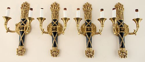 SET 4 BRASS 2-LIGHT WALL SCONCES FRENCH EMPIRE