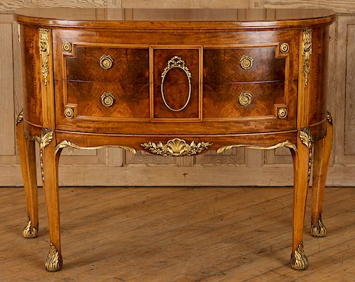 WALNUT LOUIS XVI STYLE BOW FRONT COMMODE C.1940