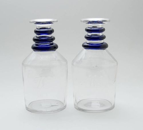 PAIR OF ENGLISH BLUE-RING NECKED GLASS DECANTERS