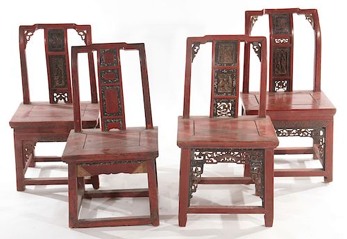 SET OF 4 CHINESE CARVED PAINTED CHILDS CHAIRS