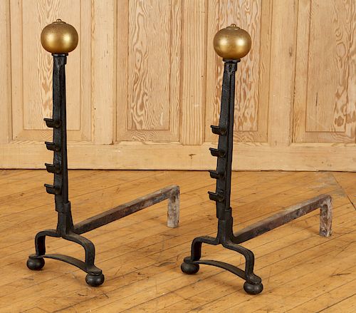 PAIR LATE 19TH C. BRASS WROUGHT IRON ANDIRONS