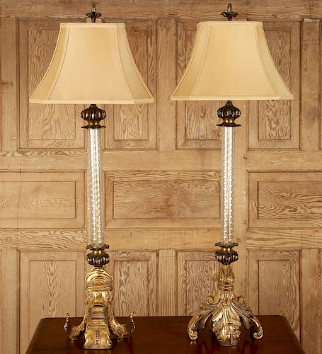 PAIR WOOD GLASS METAL TABLE LAMPS FROM MEXICO