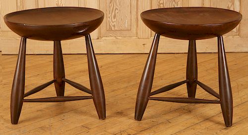 PAIR ROUND WOOD END TABLES MANNER OF PHIL POWELL