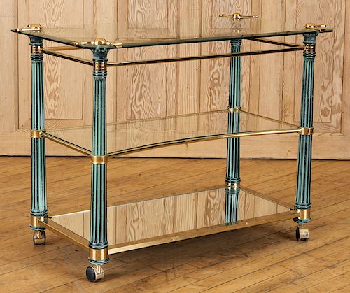 3-TIERED BRASS GLASS TEA TABLE MIRRORED BASE