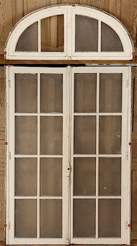 PAIR ANTIQUE PAINTED FRENCH DOORS WITH TRANSOM