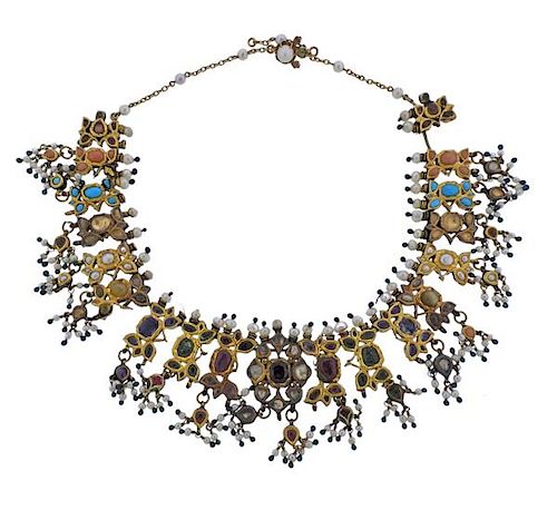 Indian 18K Gold Diamond Pearl Multi Stone Enamel Necklace