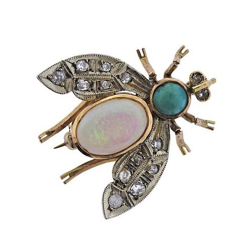 14K Gold Diamond Opal Blue Stone Fly Insect Brooch