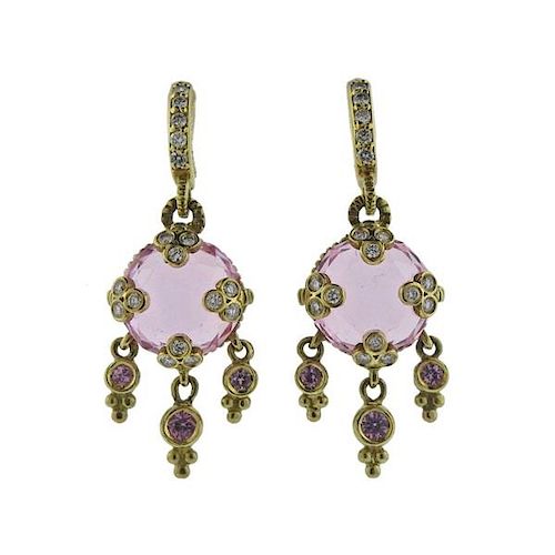 Diamond Pink Quartz Gemstone 18k Gold Earrings